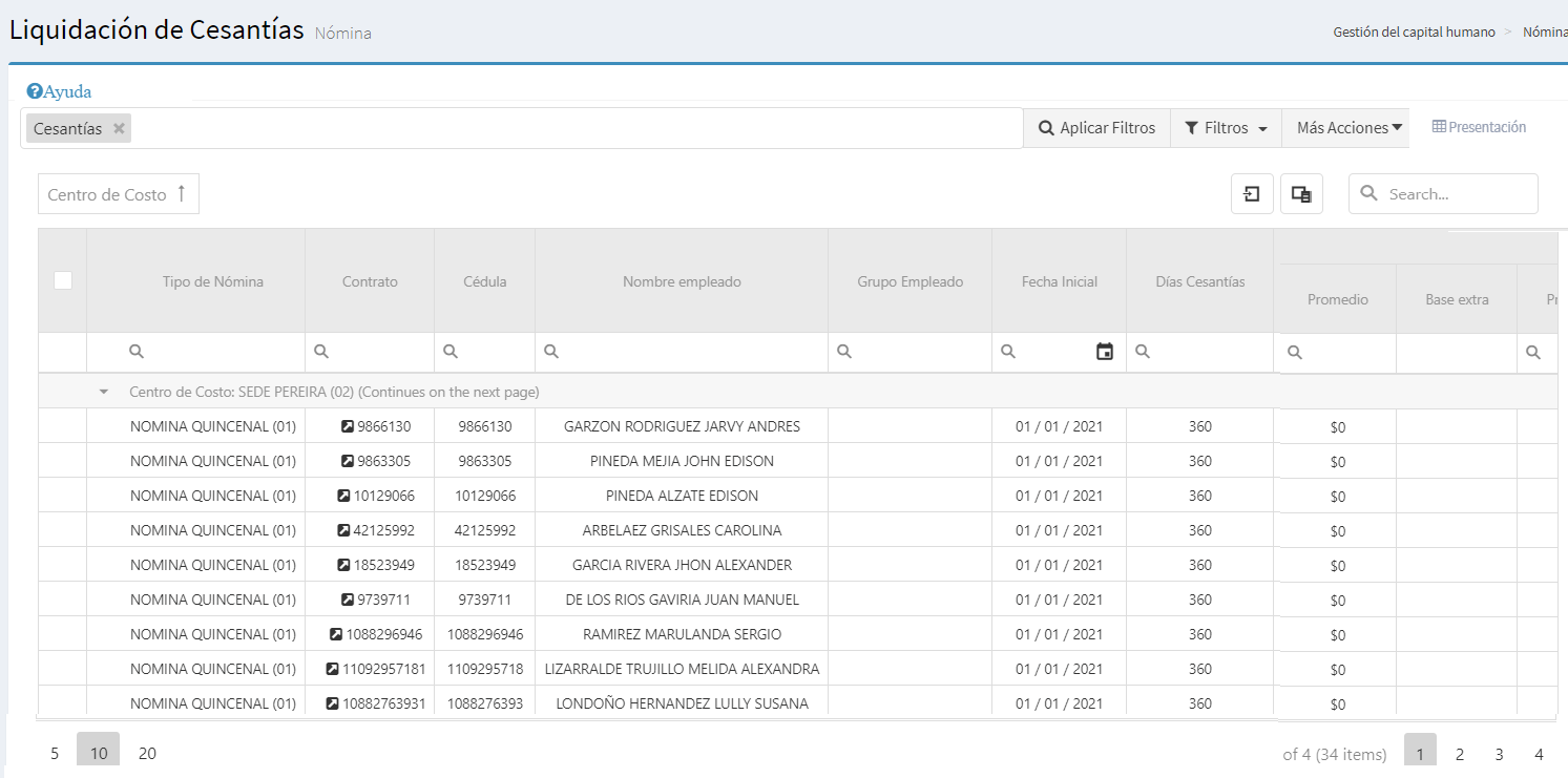 Liquidación nómina cesantías